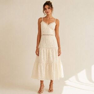 AROSE STUDIO Women's New Midi Dress MEDIUM Cream Floral Jacquard Lace Romantic